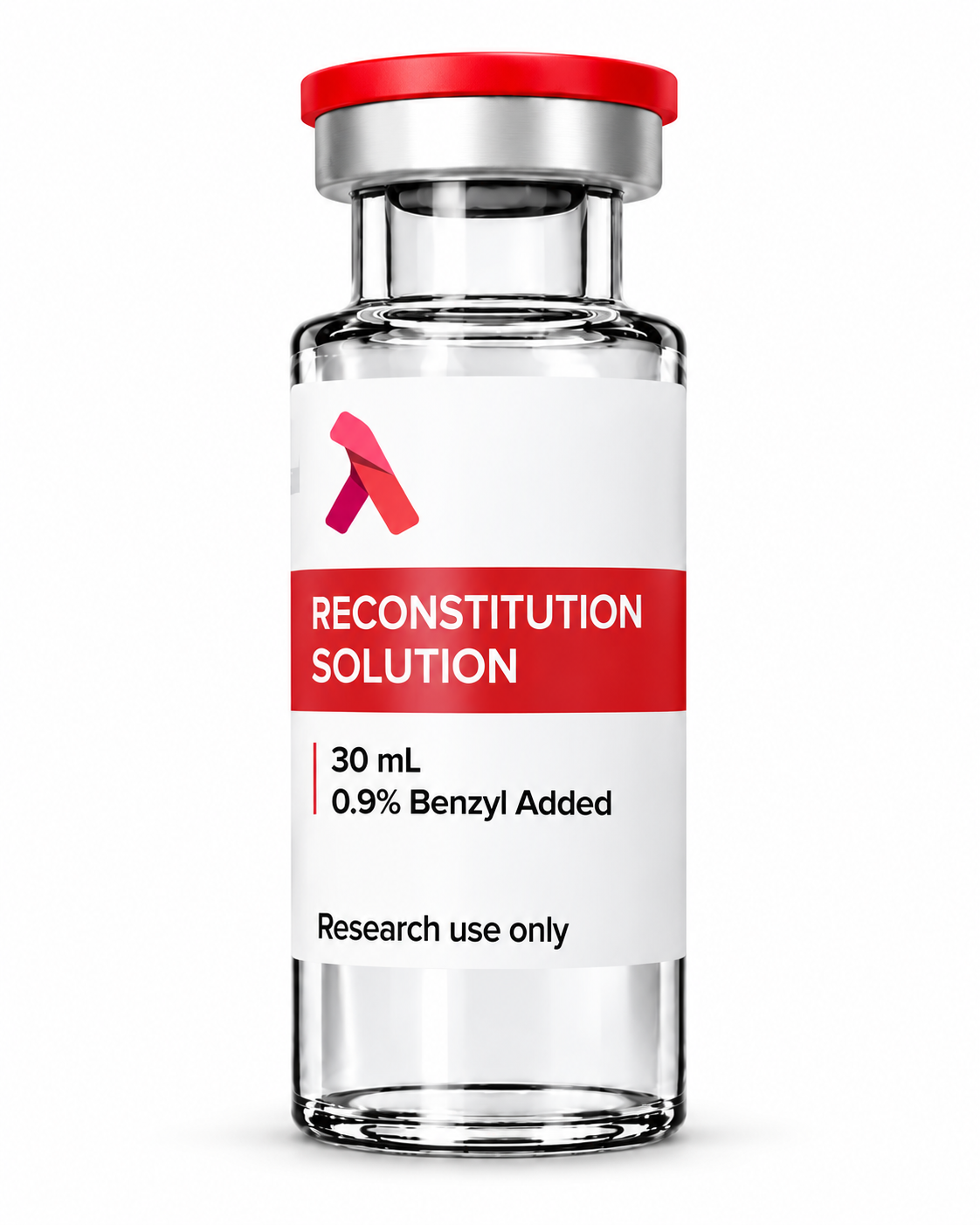 Bacteriostatic Water 30 mL reference vial with red cap and white label