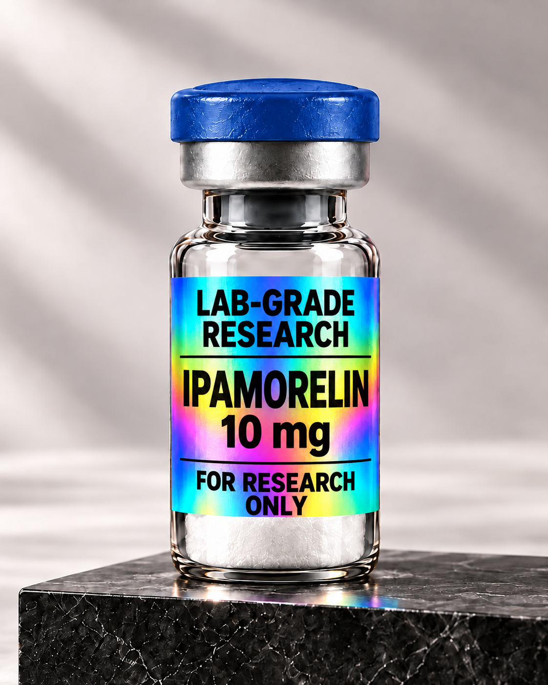 Illustrative Ipamorelin 10 mg vial with bold printed Lab-Grade Research holographic label and blue cap on a black marble base