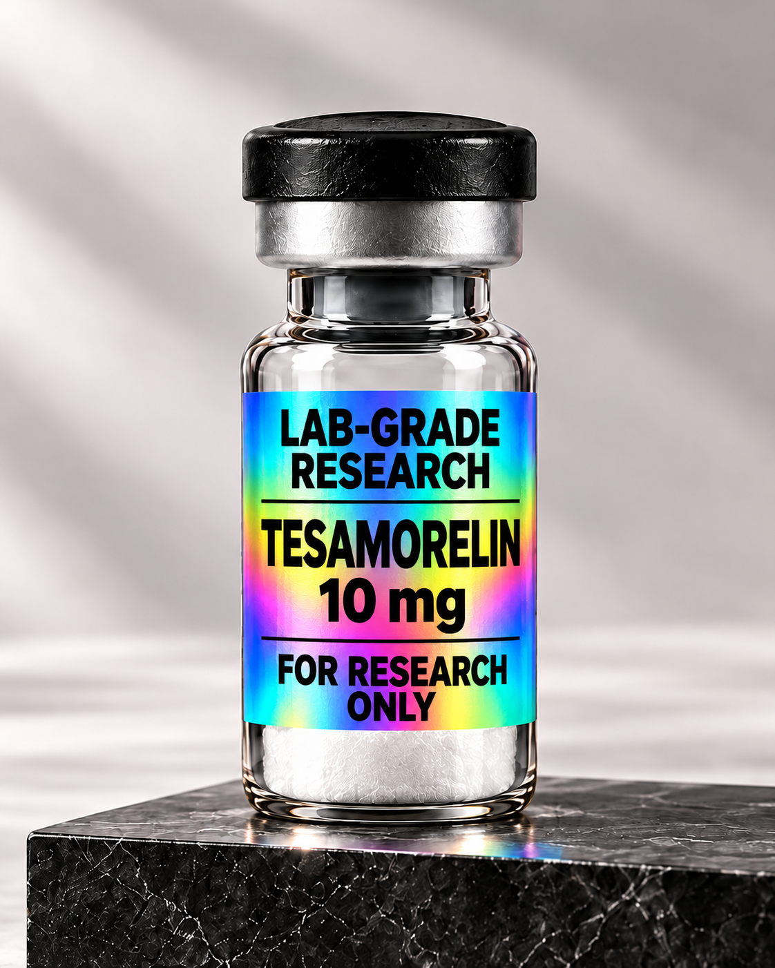 Illustrative Tesamorelin 10 mg vial with bold printed Lab-Grade Research holographic label and black cap on a black marble base