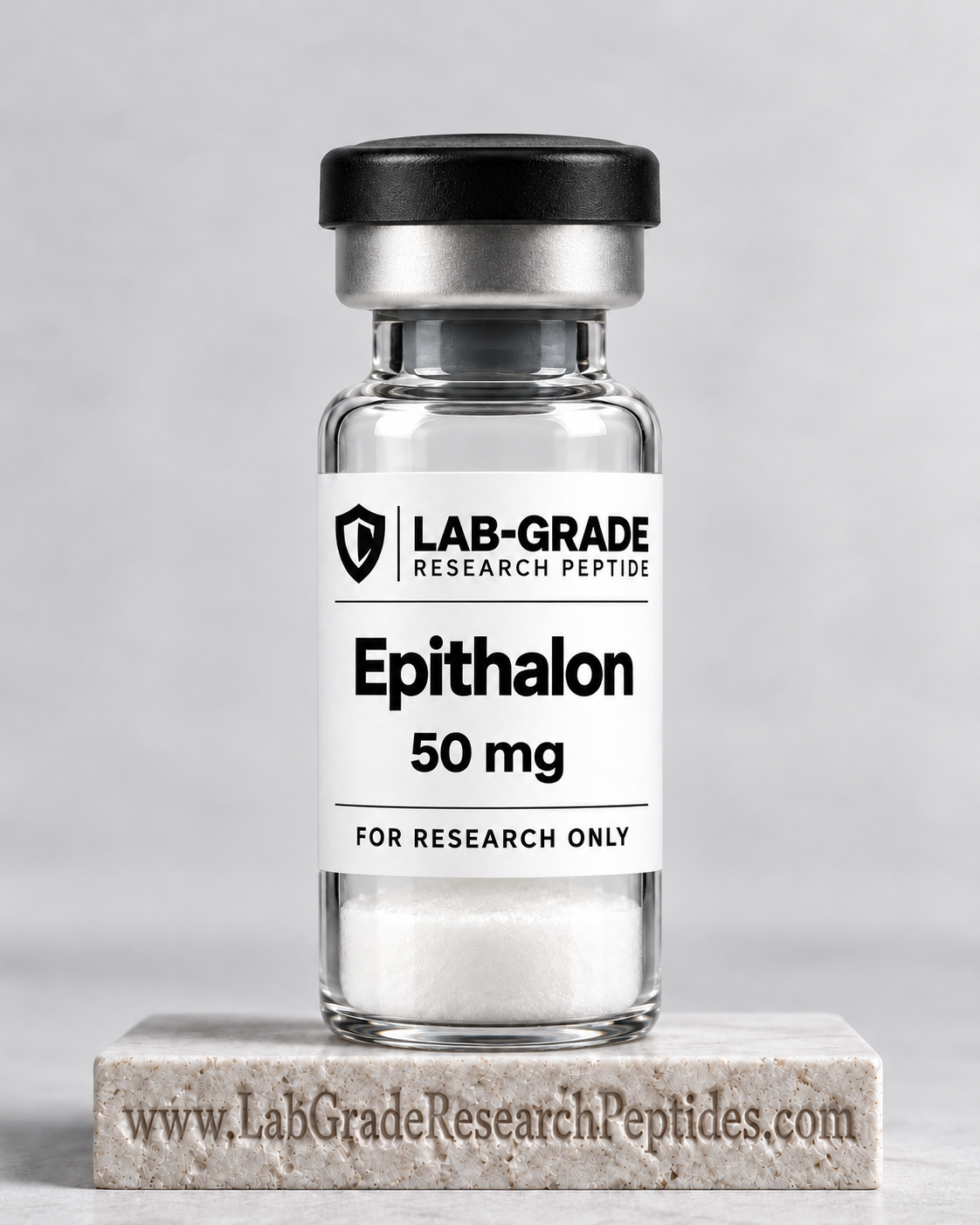 Illustrative studio mockup of an upright LabGrade Epithalon 50 mg research vial with black cap, white label, and website address engraved into the stone base