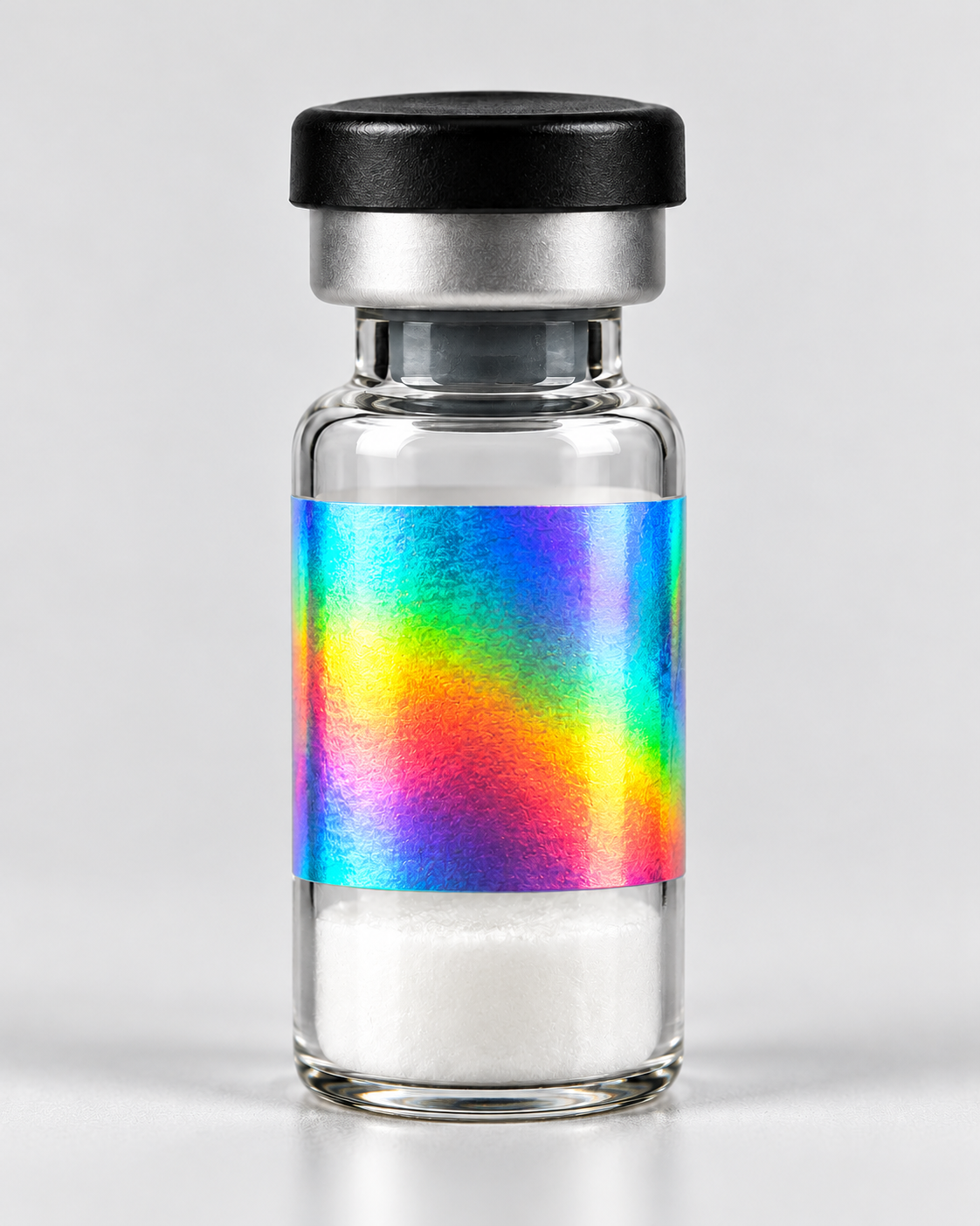 Illustrative Tesamorelin mockup, black flip-off cap and silver holographic label