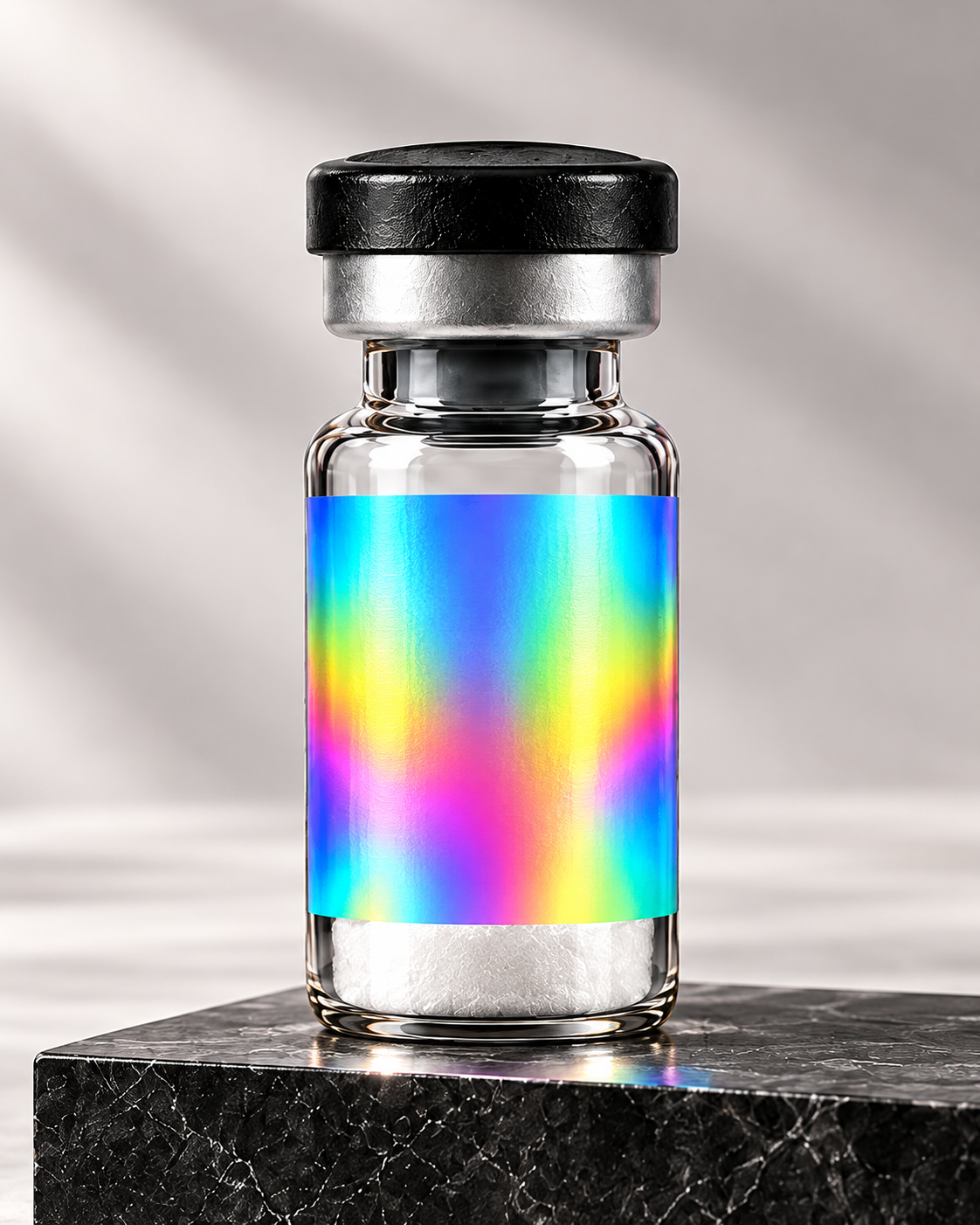 Illustrative Tesamorelin mockup, black flip-off cap and silver holographic label