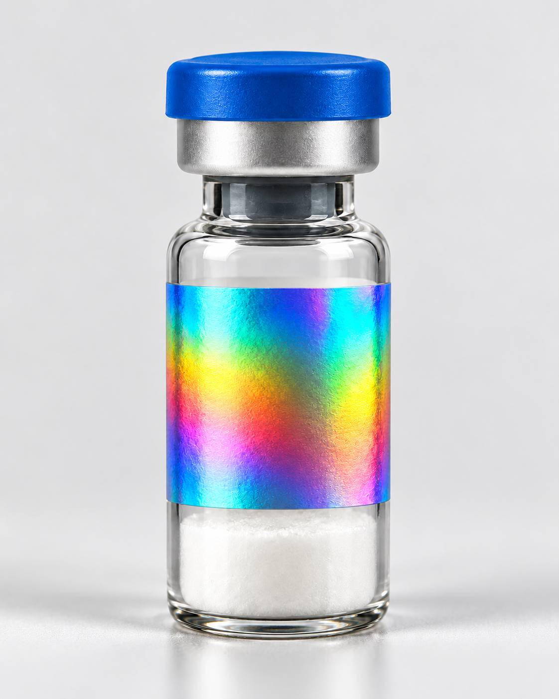 Illustrative Ipamorelin mockup, blue flip-off cap and silver holographic label