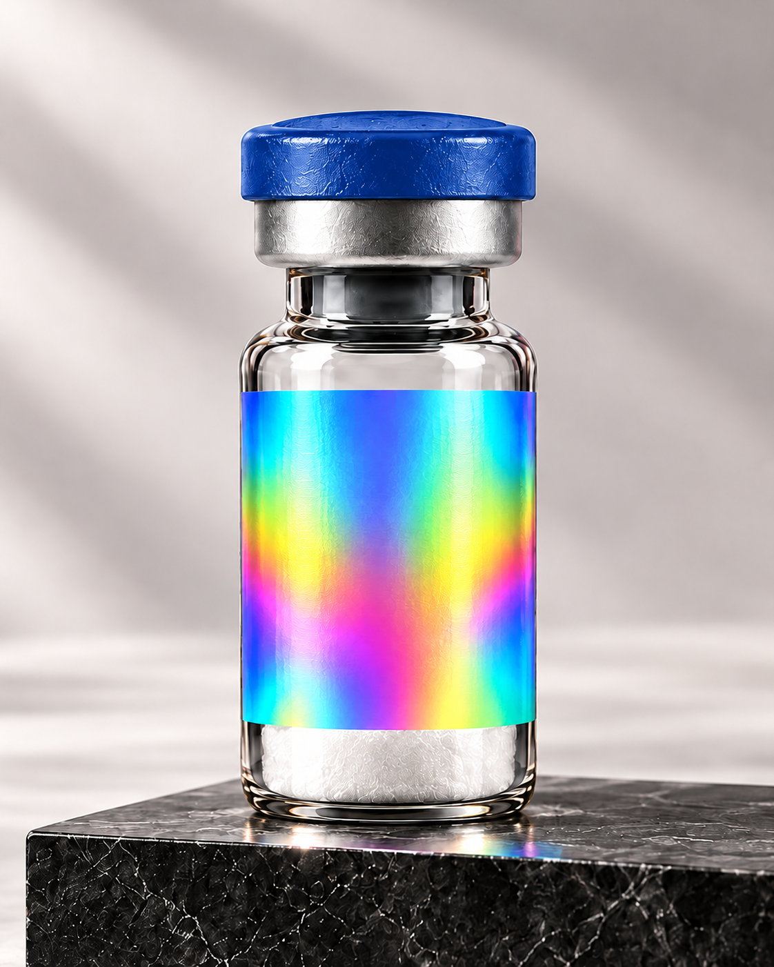 Illustrative Ipamorelin mockup, blue flip-off cap and silver holographic label