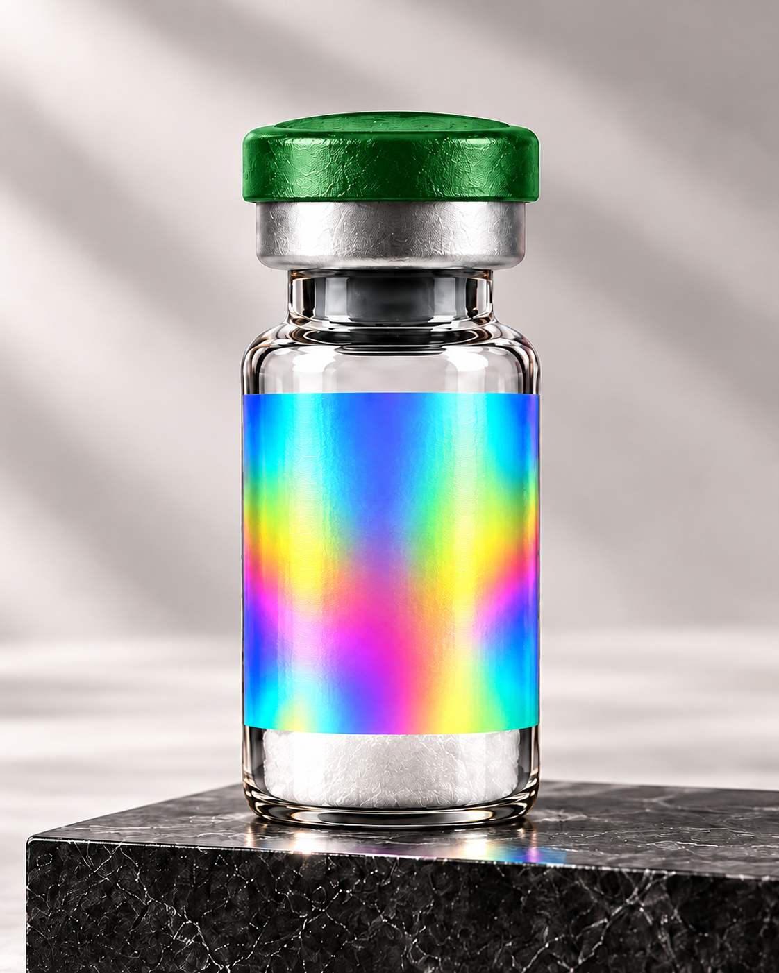 Illustrative Retatrutide mockup, green flip-off cap and silver holographic label