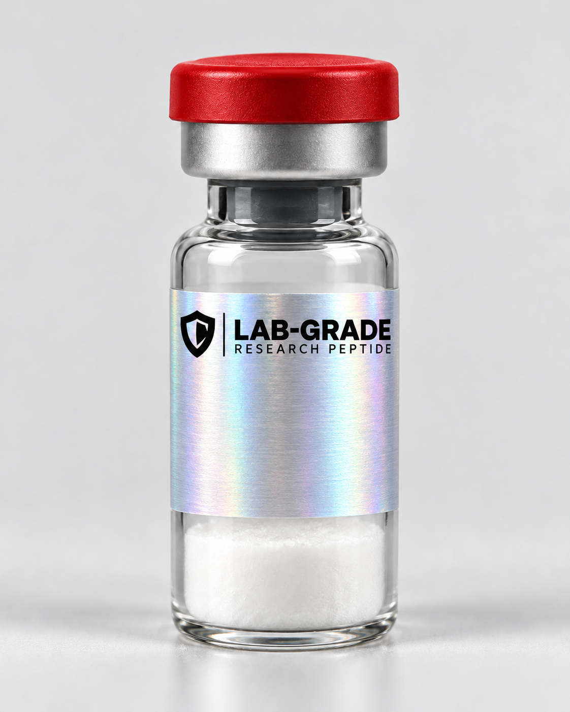 Illustrative BPC-157 mockup, red flip-off cap and silver holographic label