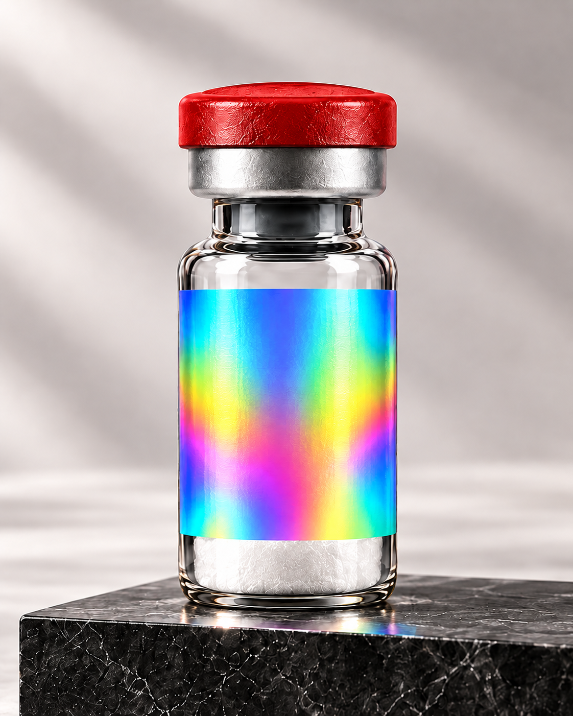 Illustrative BPC-157 mockup, red flip-off cap and silver holographic label