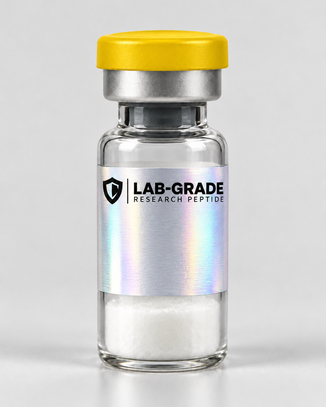 Illustrative 5-Amino-1MQ mockup, yellow flip-off cap and silver holographic label