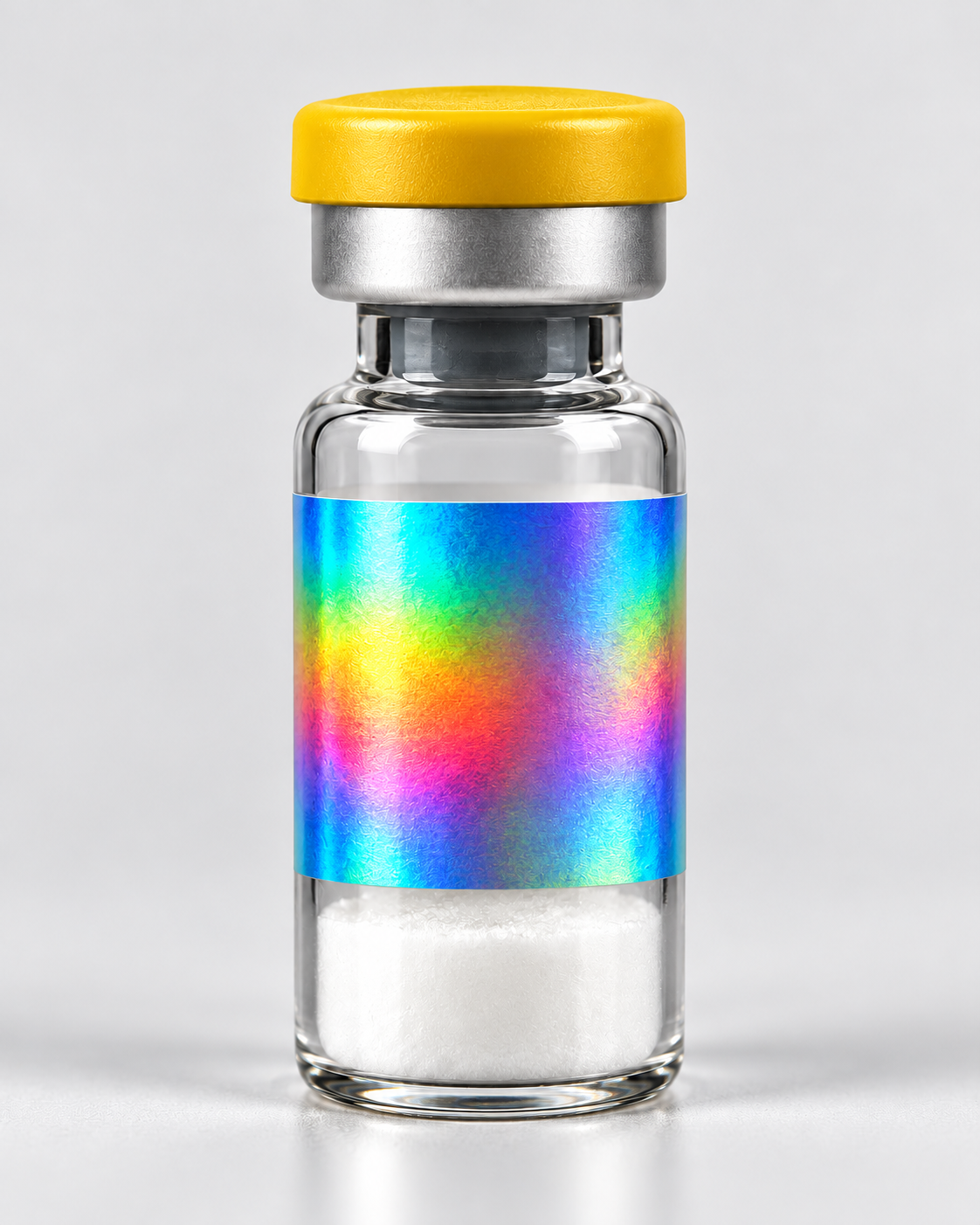 Illustrative NAD+ mockup, yellow flip-off cap and silver holographic label