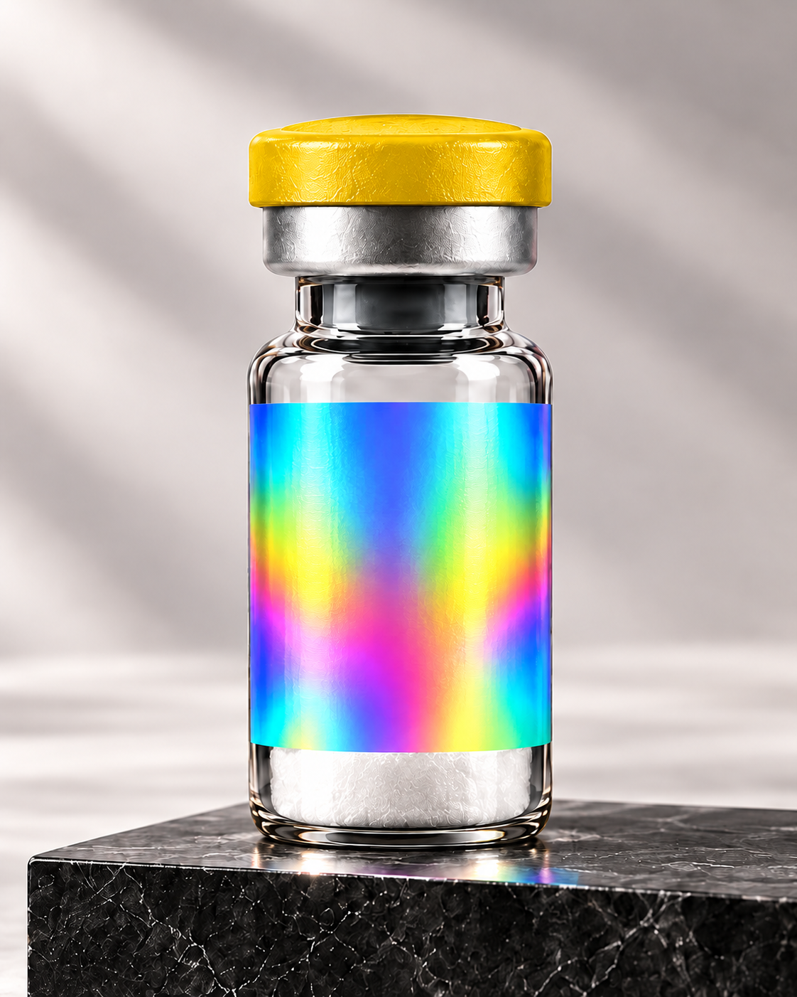 Illustrative MOTS-C mockup, yellow flip-off cap and silver holographic label